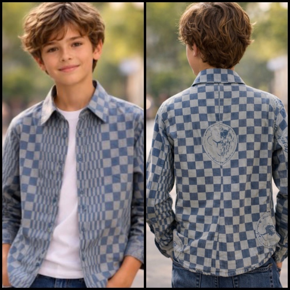 Diesel European Tour Amsterdam Blue Checkered Graphic Y2K Retro Boy’s Shirt S